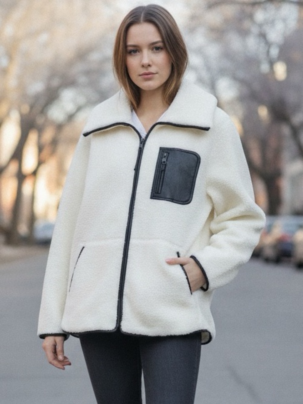Spanx Full Zip Fleece Jacket Frosted Ivory Size XL Quiet Luxury Minimalist Teddy